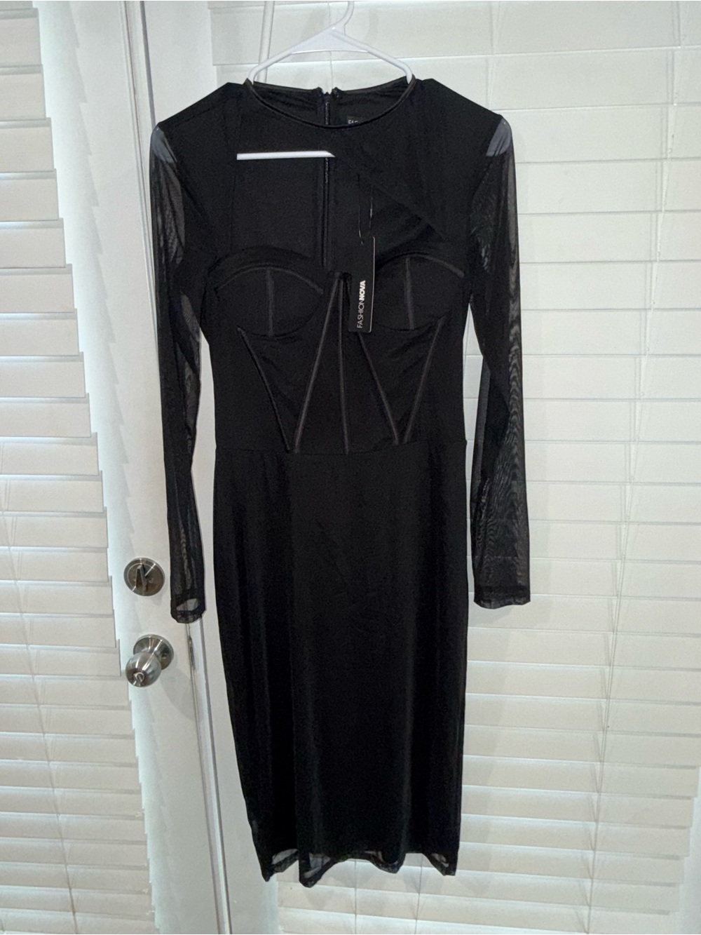Fashion Nova Black Long-Sleeve Sheer Panel Midi Dress